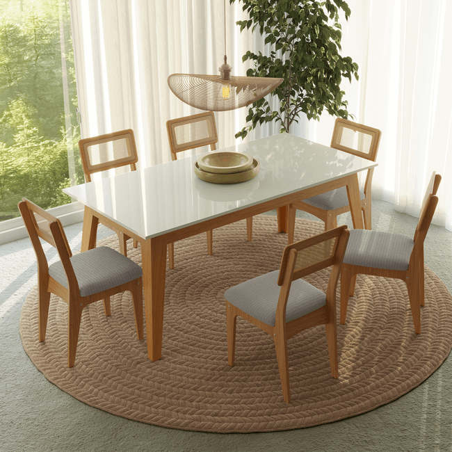 Conjunto Sala de Jantar Mesa Lisboa Off White/Freijó com 6 Cadeiras Palha Sintética Bege Claro