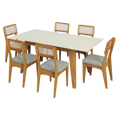Conjunto Sala de Jantar Mesa Lisboa Off White/Freijó com 6 Cadeiras Palha Sintética Bege Claro