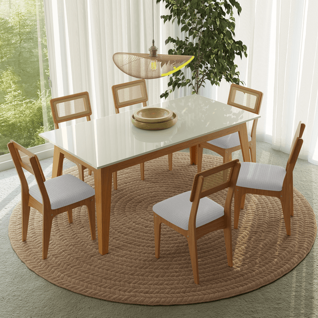 Conjunto Sala de Jantar Mesa Lisboa Off White/Freijó com 6 Cadeiras Palha Sintética Bouclé Césare Claro