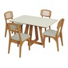 Conjunto Sala de Jantar Mesa 135cm Off White/Freijó com 4 Cadeiras Retrô Palha Sintética Bege Claro