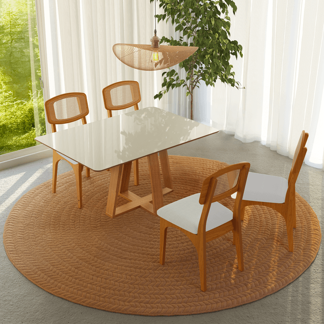 Conjunto Sala de Jantar Mesa 135cm Off White/Freijó com 4 Cadeiras Retrô Palha Sintética Tweed Claro