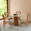 Conjunto Sala de Jantar Mesa Redonda Nature Off White/Freijó com 4 Cadeiras Retrô Palha Sintética Bege Claro