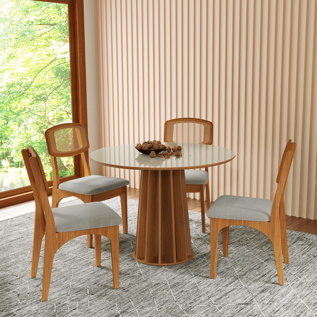 Conjunto Sala de Jantar Mesa Redonda Nature Off White/Freijó com 4 Cadeiras Retrô Palha Sintética Bege Claro