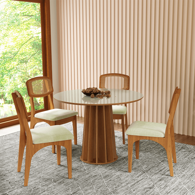 Conjunto Sala de Jantar Mesa Redonda Nature Off White/Freijó com 4 Cadeiras Retrô Palha Sintética Tweed Claro