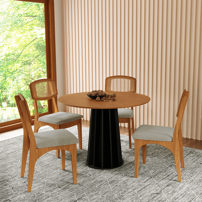 Conjunto Sala de Jantar Mesa Redonda Nature Freijó/Preto Fosco com 4 Cadeiras Retrô Palha Sintética Bege Claro