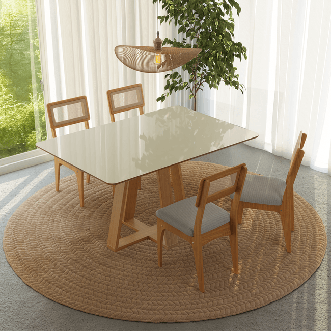 Conjunto Sala de Jantar Mesa 135cm com 4 Cadeiras Palha Sintética Bege Claro