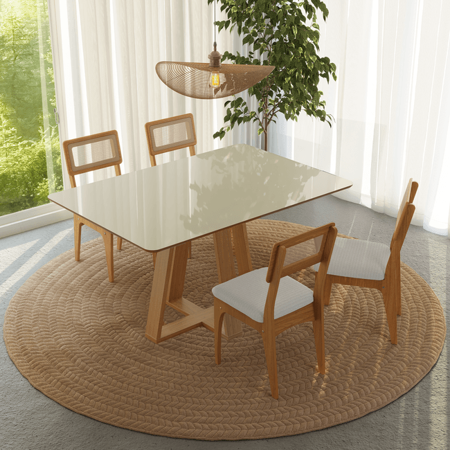 Conjunto Sala de Jantar Mesa 135cm com 4 Cadeiras Palha Sintética Bouclé Césare Claro