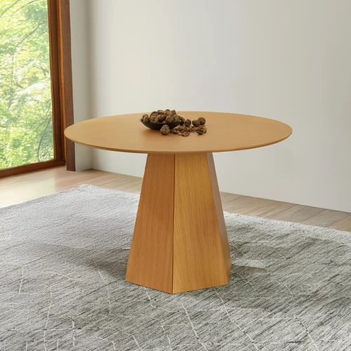 Mesa de Jantar Redonda 115cm com Pé Hexagonal Carvalho Rosé