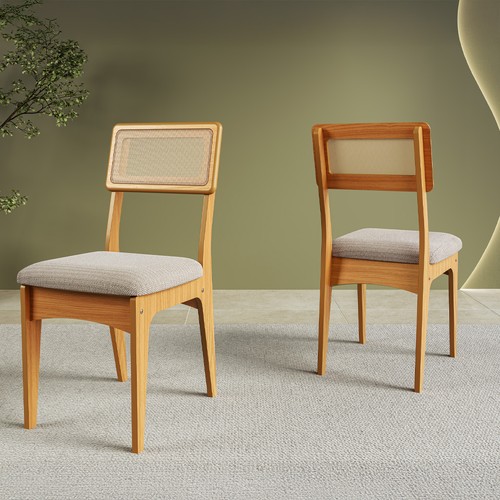 Kit 2 Cadeiras 100% Mdf com Encosto em Palha Sintética - Carvalho Rosé/Bege Claro Cr20