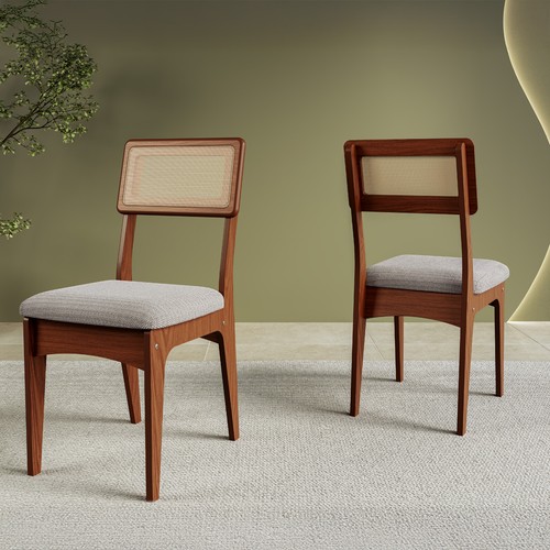 Kit 2 Cadeiras 100% Mdf com Encosto em Palha Sintética - Pinhão/Bege Claro Pn20