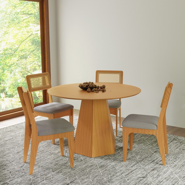 Conjunto Sala de Jantar Mesa Lisboa Hexagonal Carvalho Rosé com 4 Cadeiras Palha Sintética 100% Mdf Carvalho Rosé/Bege Claro Cr20