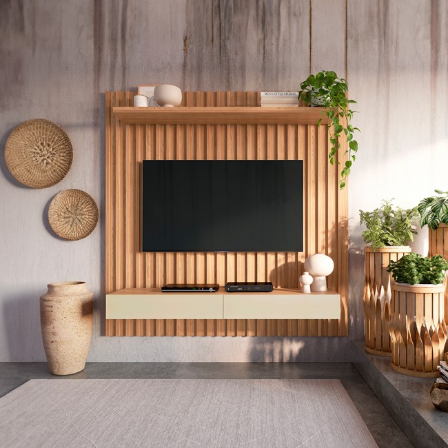 Painel para TV Até 75 Polegadas 2 Gavetas 183cm Ripado Freijó/Off White - Dalla Costa