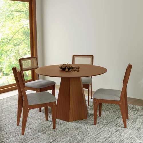 Conjunto Sala de Jantar Mesa Lisboa Hexagonal Pinhão com 4 Cadeiras Palha Sintética 100% Mdf Pinhão/Bege Claro Pn20