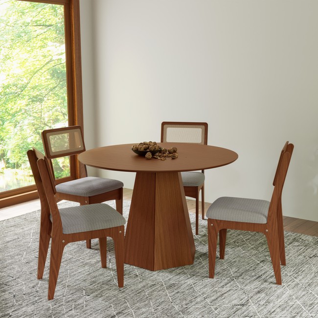 Conjunto Sala de Jantar Mesa Lisboa Hexagonal Pinhão com 4 Cadeiras Palha Sintética 100% Mdf Pinhão/Bege Claro Pn20