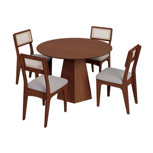 Conjunto Sala de Jantar Mesa Lisboa Hexagonal Pinhão com 4 Cadeiras Palha Sintética 100% Mdf Pinhão/Bege Claro Pn20