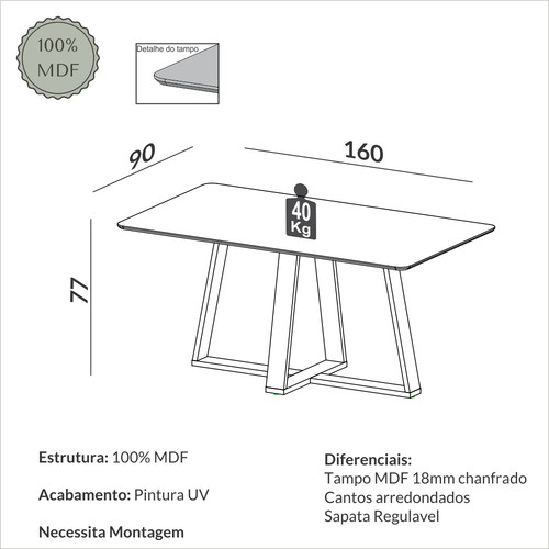 Mesa de Jantar 160cm 6 Lugares Carvalho Rosé - Dalla Costa