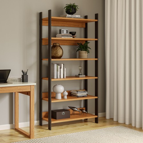Estante Livreiro Industrial 93cm 6 Prateleiras em Mdf Freijó/Preto Fosco