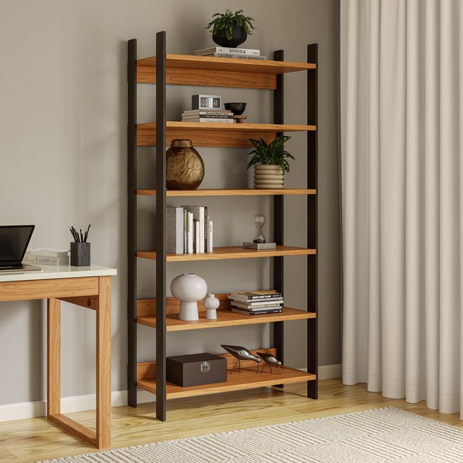 Estante Livreiro Industrial 93cm 6 Prateleiras em Mdf Freijó/Preto Fosco