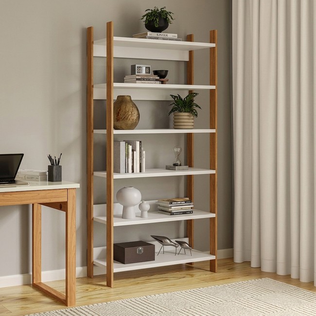 Estante Livreiro Industrial 93cm 6 Prateleiras em Mdf Off White/Freijó
