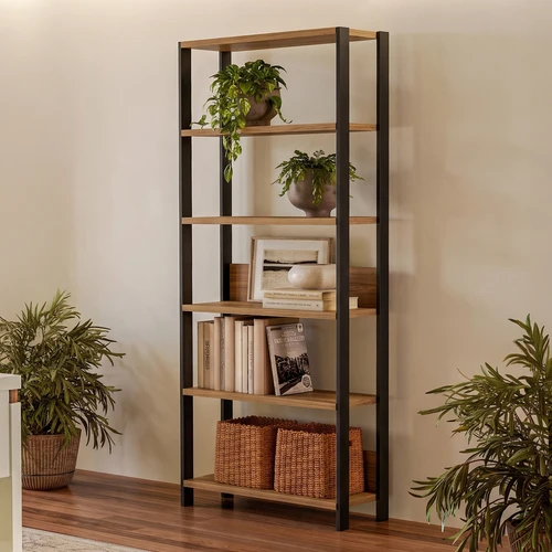 Estante Livreiro Industrial 185cm com 6 Prateleiras Tamburato em Mdf Freijó/Preto Fosco