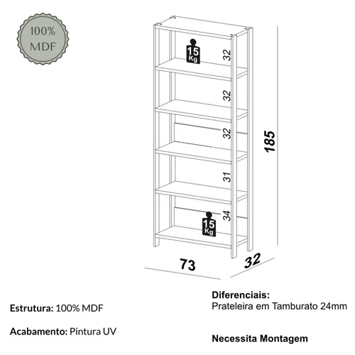 Estante Livreiro Industrial 185cm com 6 Prateleiras Tamburato em Mdf Off White/Freijó