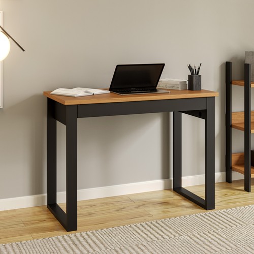 Mesa Industrial 100cm com Tampo Tamburato e Gaveta em Mdf Freijó/Preto Fosco