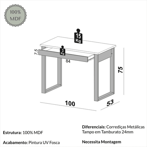 Mesa Industrial 100cm com Tampo Tamburato e Gaveta em Mdf Off White/Freijó