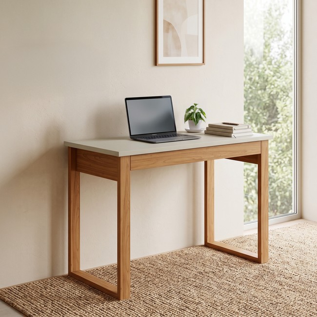 Mesa Industrial 100cm com Tampo Tamburato e Gaveta em Mdf Off White/Freijó