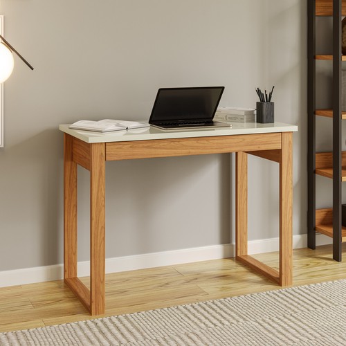 Mesa Industrial 100cm com Tampo Tamburato e Gaveta em Mdf Off White/Freijó