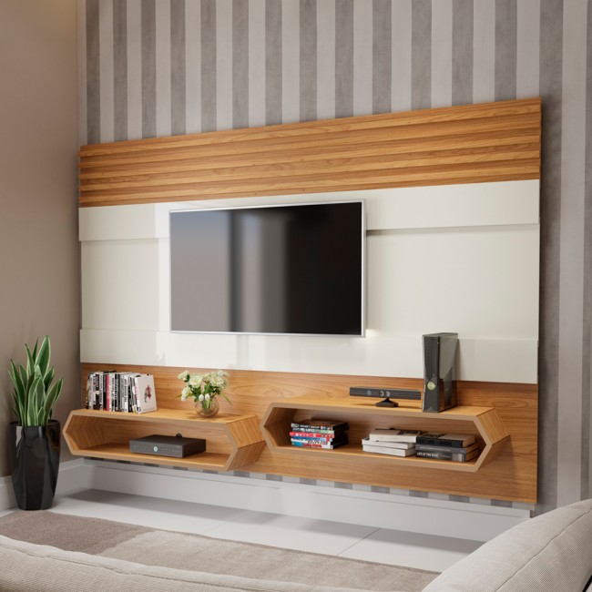 Painel para TV Até 65 Polegadas 2 Nichos Ripado Off White/Freijó - Dalla Costa
