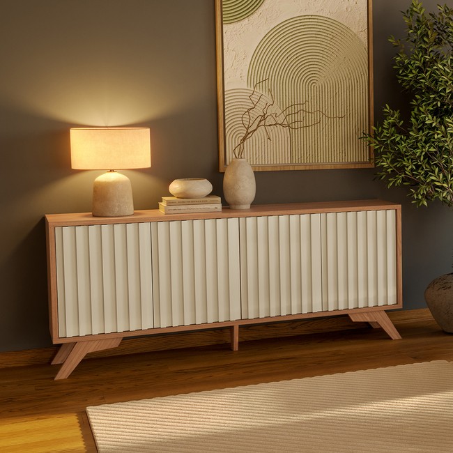 Balcão Buffet 180cm 4 Portas Ripadas Mdf Freijó/Off White - Dalla Costa