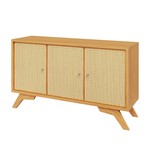 Balcão Buffet 135,5cm com 3 Portas com Palha Hexagonal Natural - Carvalho Rosé