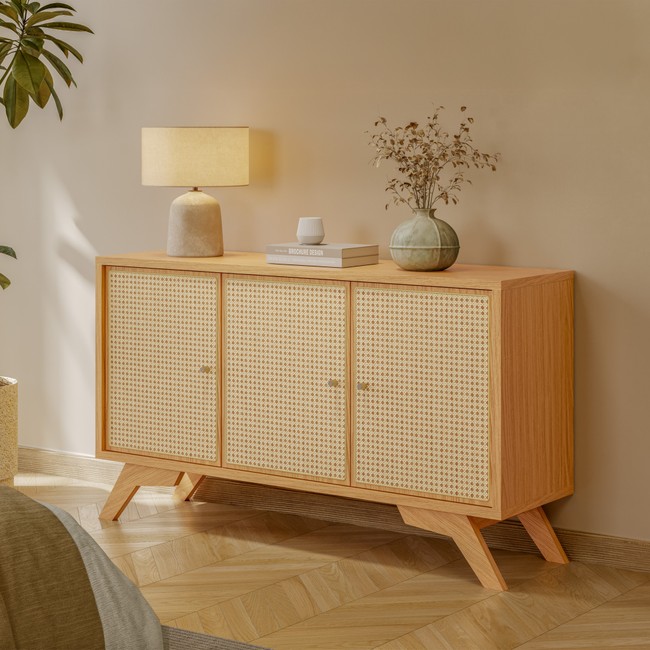 Balcão Buffet 135,5cm com 3 Portas com Palha Hexagonal Natural - Carvalho Rosé