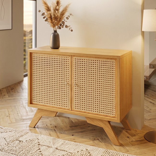 Balcão Buffet 92,5cm com 2 Portas com Palha Hexagonal Natural - Carvalho Rosé