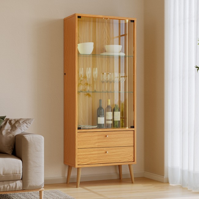 Cristaleira com 2 Portas de Vidro 2 Gavetas e Iluminação Led - Carvalho Rosé