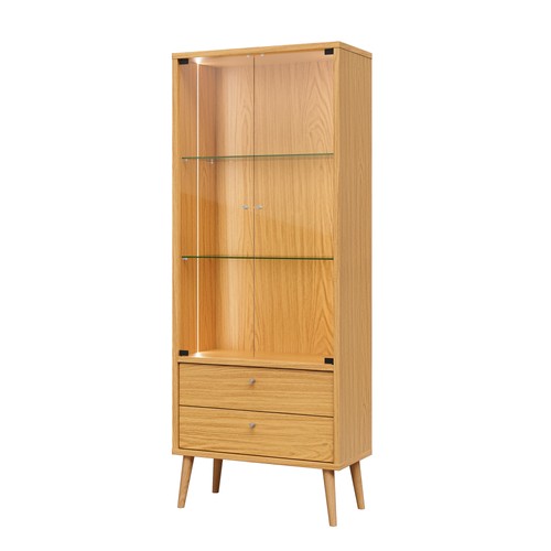 Cristaleira com 2 Portas de Vidro 2 Gavetas e Iluminação Led - Carvalho Rosé