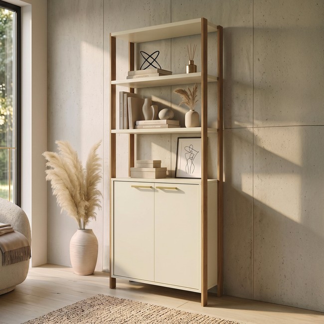 Estante Industrial 73cm 1 Torre com 2 Portas Off White/Freijó