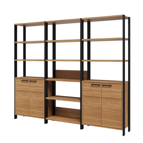 Conjunto de Estantes Industriais 219cm com 3 Torres e 2 Portas - Freijó/Preto Fosco