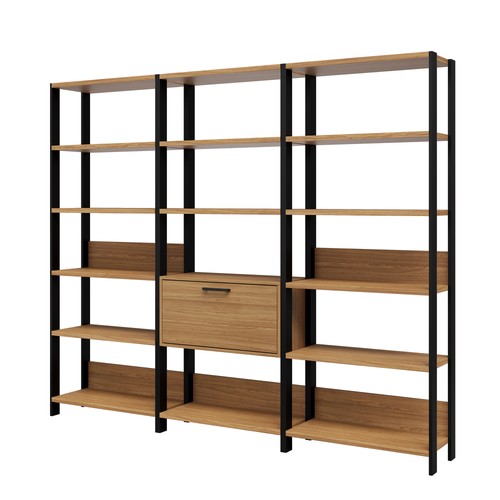 Conjunto de Estantes Industriais 219cm com 3 Torres e 1 Basculante - Freijó/Preto Fosco
