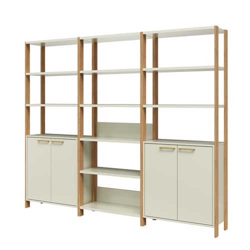 Conjunto de Estantes Industriais 219cm com 3 Torres e 2 Portas - Off White/Freijó