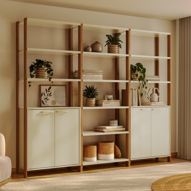 Conjunto de Estantes Industriais 219cm com 3 Torres e 2 Portas - Off White/Freijó