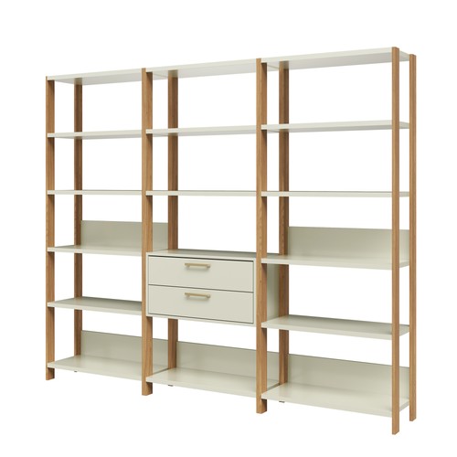 Conjunto de Estantes Industriais 219cm com 3 Torres e 2 Gavetas - Off White/Freijó