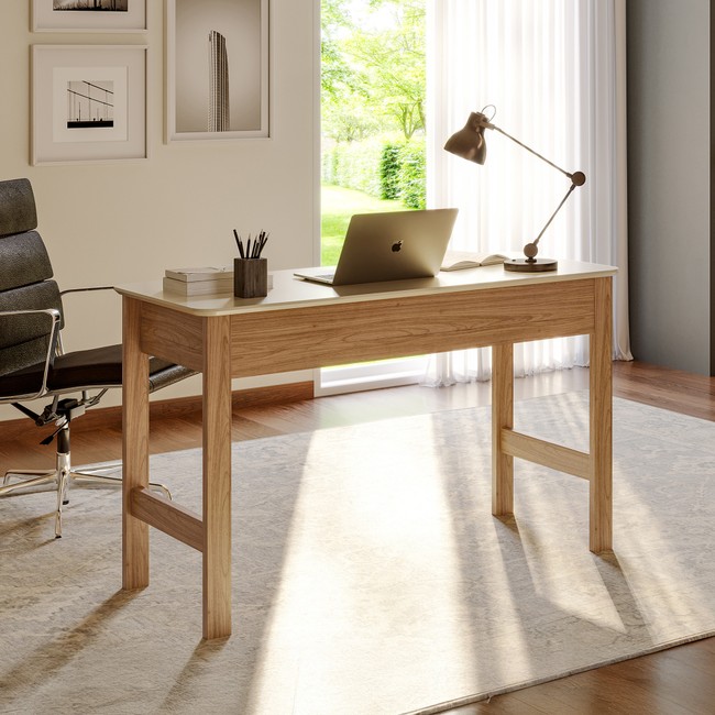 Mesa de Escritório Industrial 120cm com 1 Gaveta e Cantos Arredondados - Off White/Freijó