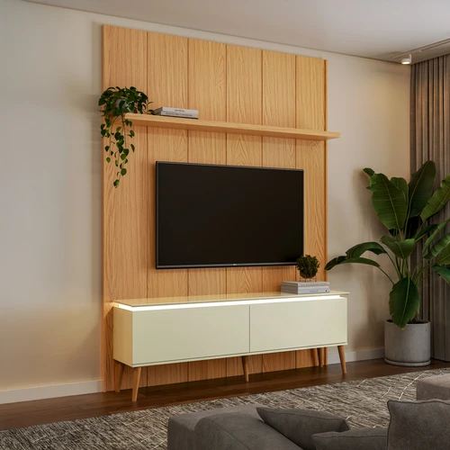 Rack Painel 192cm 2 Portas Basculantes Led - Carvalho Rosé/Off White Fosco