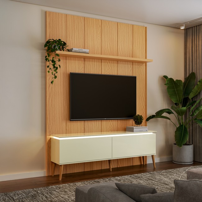Rack Painel 192cm 2 Portas Basculantes Led - Carvalho Rosé/Off White Fosco