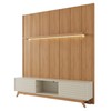 Rack Painel 224cm com Prateleira Led e 2 Portas de Correr Ripadas - Off White/Freijó