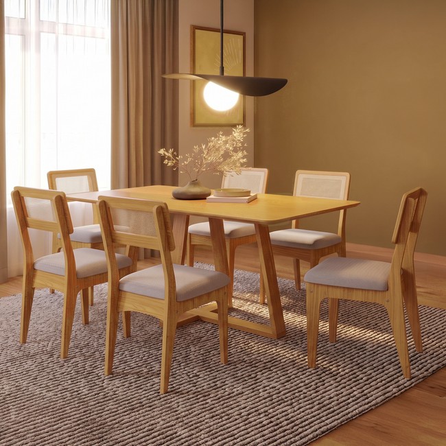 Conjunto Sala de Jantar Mesa 160cm com 6 Cadeiras Palha Sintética 100% Mdf Carvalho Rosé/Bege Claro