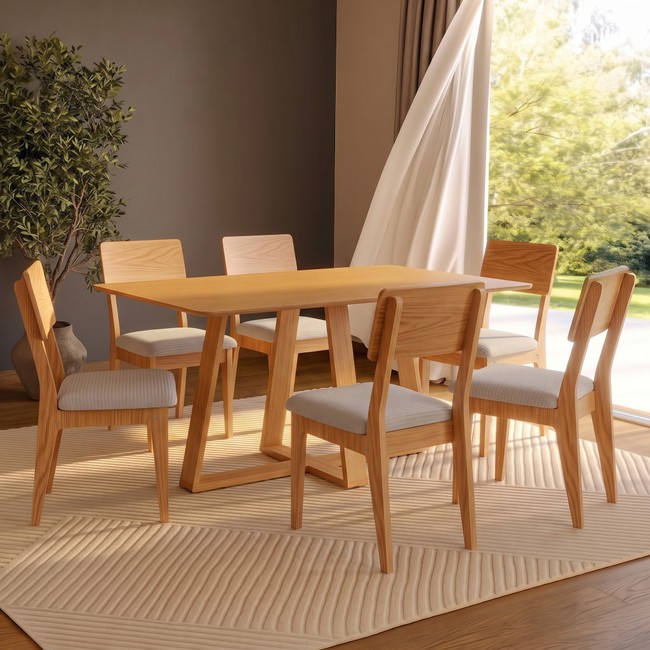 Conjunto Sala de Jantar Mesa 160cm com 6 Cadeiras 100% Mdf Carvalho Rosé/Bege Claro