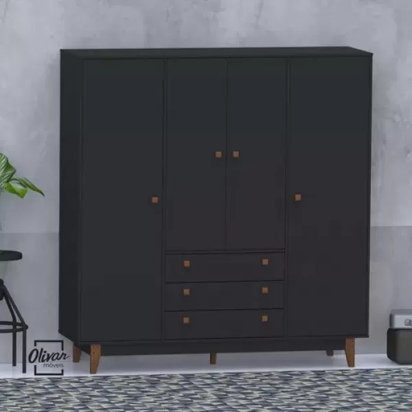 Guarda Roupa Casal Vintage 4 Portas 3 Gavetas Preto - Olivar Móveis