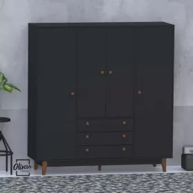 Guarda Roupa Casal Vintage 4 Portas 3 Gavetas Preto - Olivar Móveis